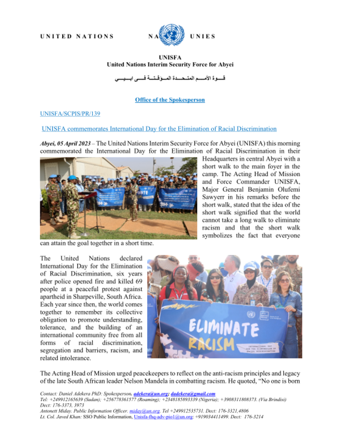 South Sudan: UNISFA commemorates International Day for the Elimination of Racial Discrimination